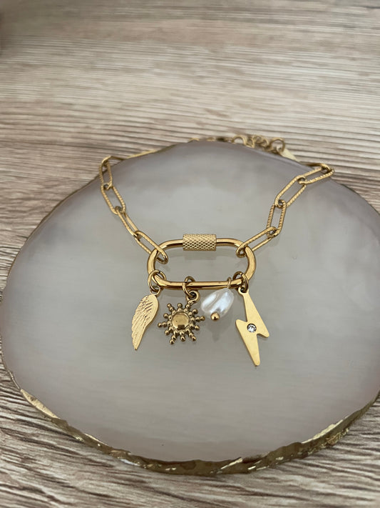 Bracelet charms mousqueton Angela, acier inoxydable doré.