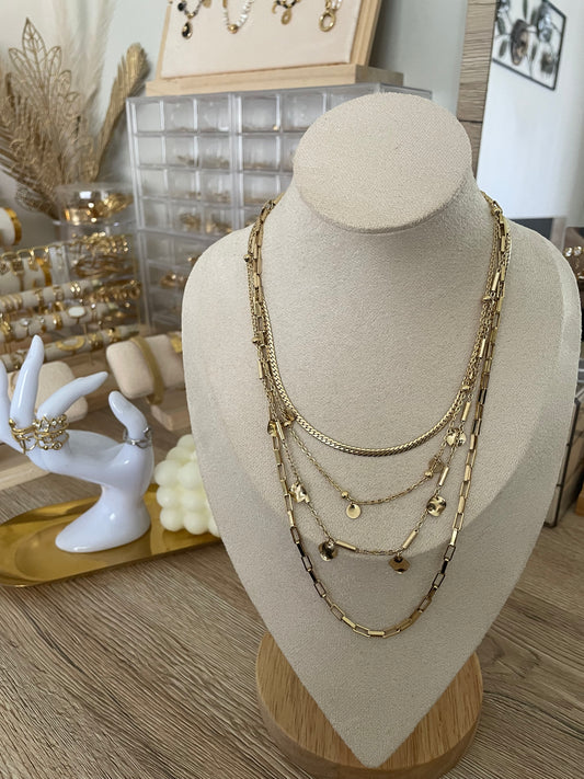 Collier Aya 4 rangs pampilles,acier inoxydable doré
