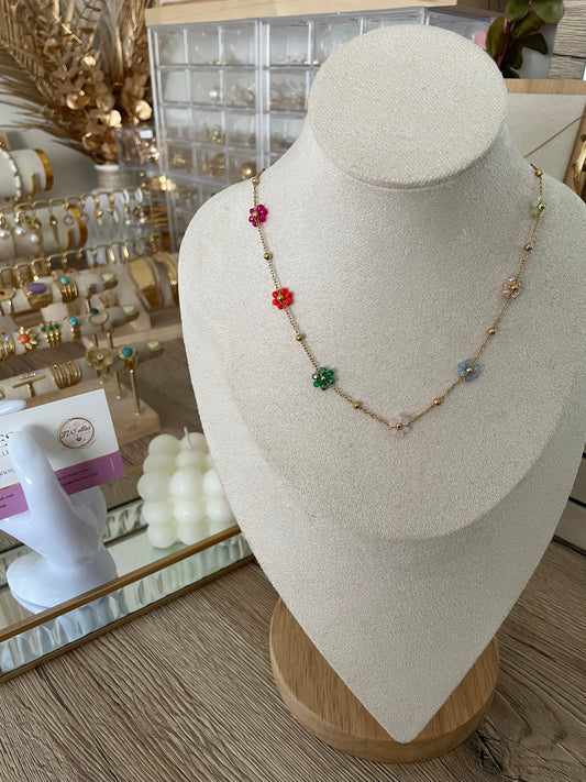 Collier Fleurs Florine Marguerites multicolores, acier inoxydable doré.