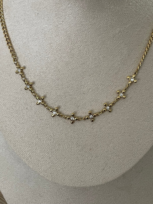 Collier Sandy petites croix strass, acier inoxydable doré