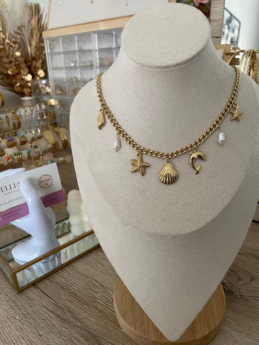 Collier charms Playa coquillage, acier inoxydable doré.
