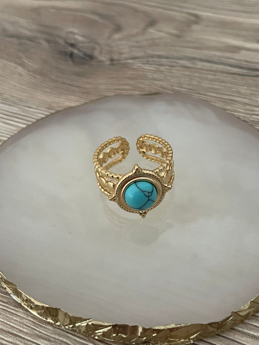 Bague Terra bleue, acier inoxydable doré.