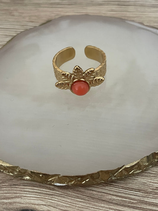 Bague fleur coupée Maguy orange, acier inoxydable doré.