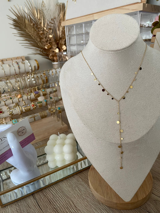 Collier forme Y, Taylor pampilles rondes en acier inoxydable doré.