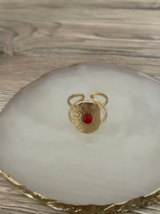 Bague ovale fleur Ruby rouge, acier inoxydable doré.