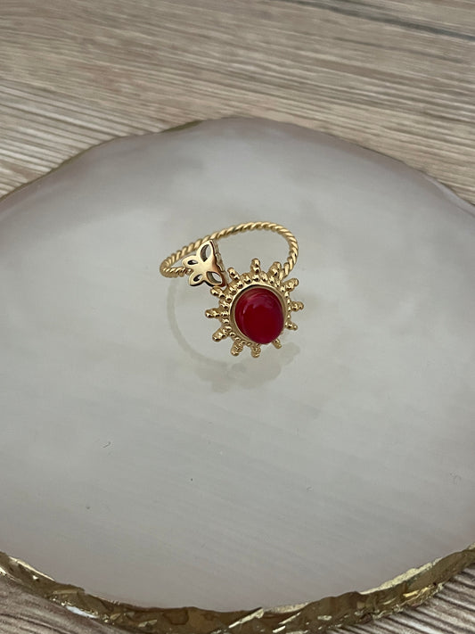 Bague Lina soleil rouge ,papillon, acier inoxydable doré.