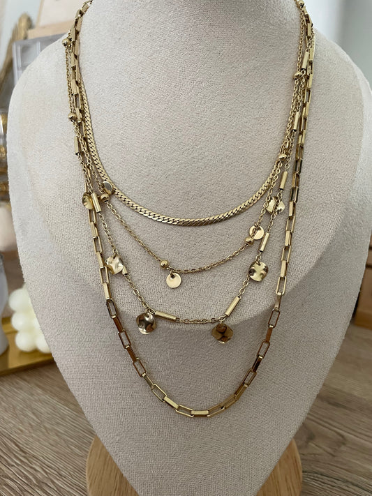 Collier Aya 4 rangs pampilles,acier inoxydable doré