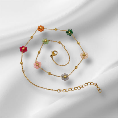 Collier Fleurs Florine Marguerites multicolores, acier inoxydable doré.