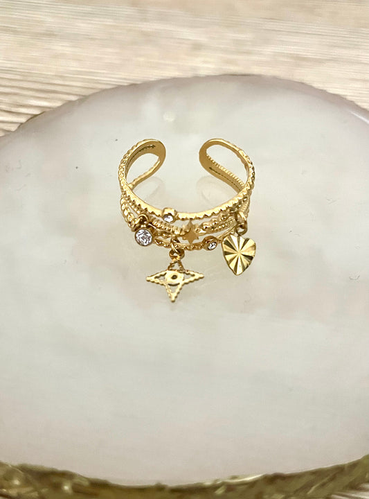 Bague Nélia Charms strass, cœur,étoile, acier inoxydable doré.