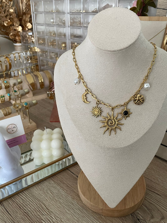 Collier Charms Lydia soleil, acier inoxydable doré.