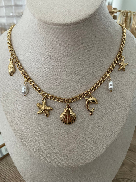Collier charms Playa coquillage, acier inoxydable doré.