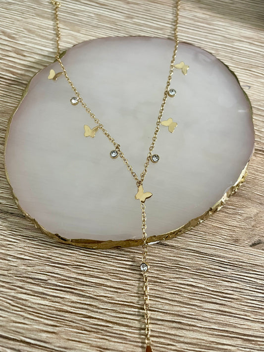 Collier Stella pampilles, papillons & strass, acier inoxydable doré.