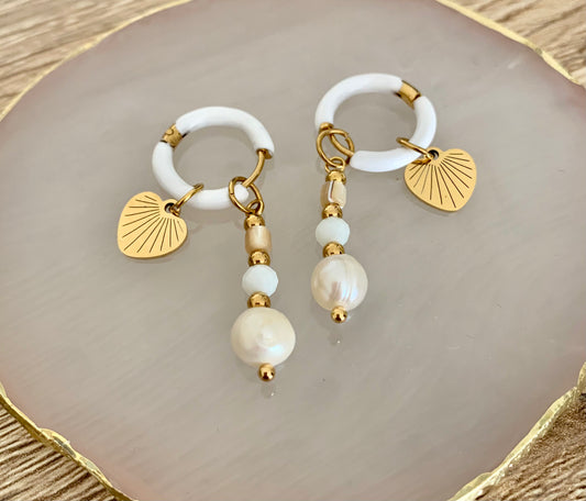 Boucles d'oreilles créoles Alice coeur et facettes blanches, acier inoxydable doré .